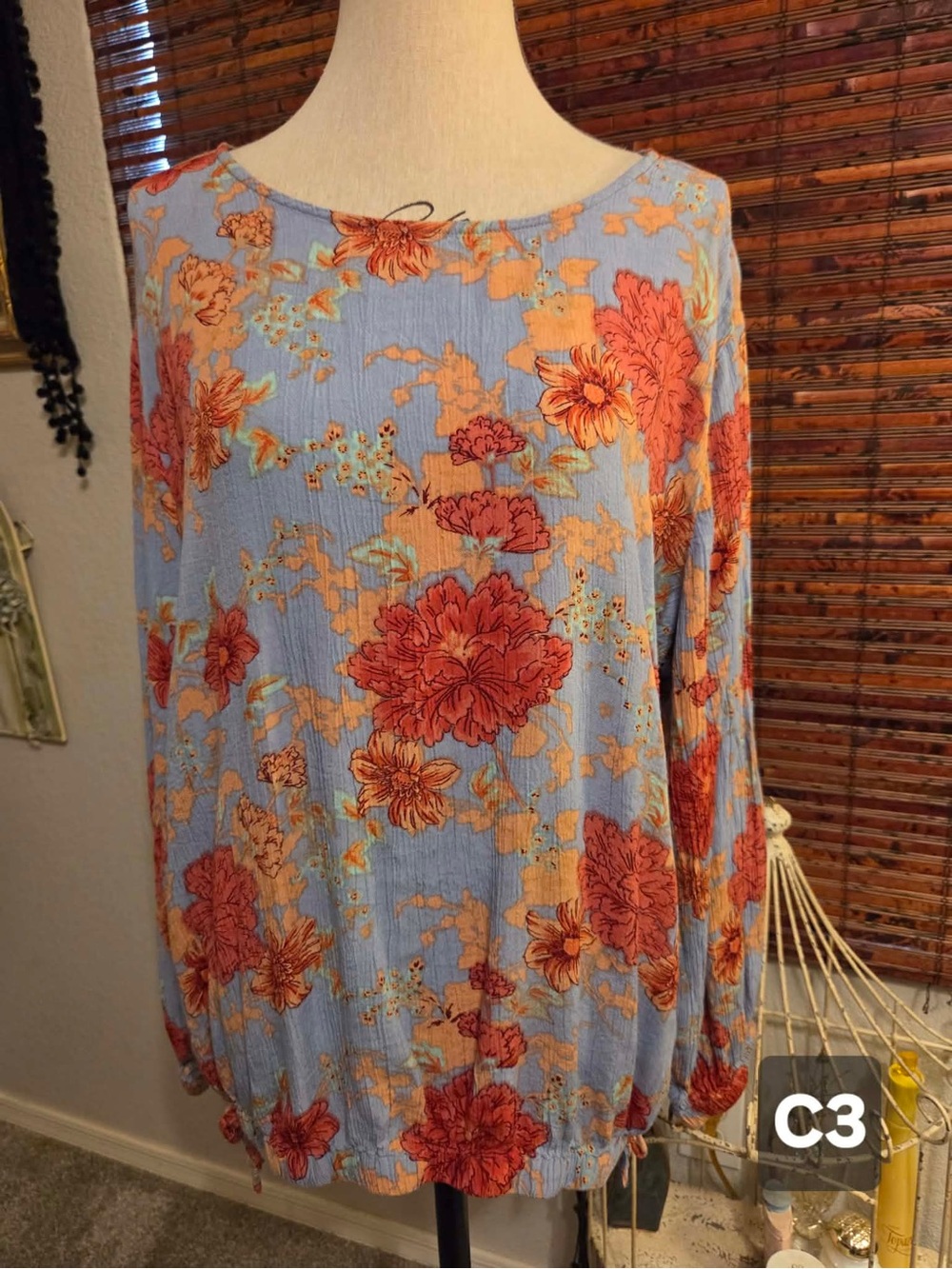 Light Blue Floral Long-Sleeve Blouse